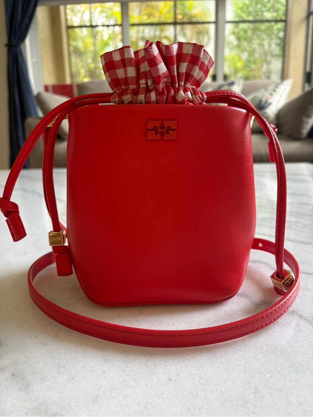 Ganni Mini Bou Bucket Bag - Red Leather Drawstring Crossbody or Handle